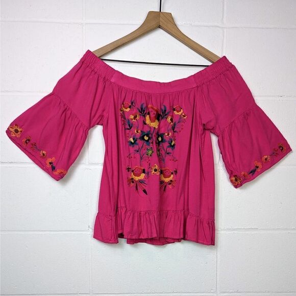Umgee Bright Pink Off the Shoulder Fiesta Top Embroidery Detail Size Small - Picture 2 of 8